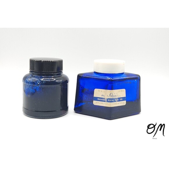 Royal Blue Vintage Glass Fountain Pen Ink Bottles - Lot of 2 - Picture 1 of 5